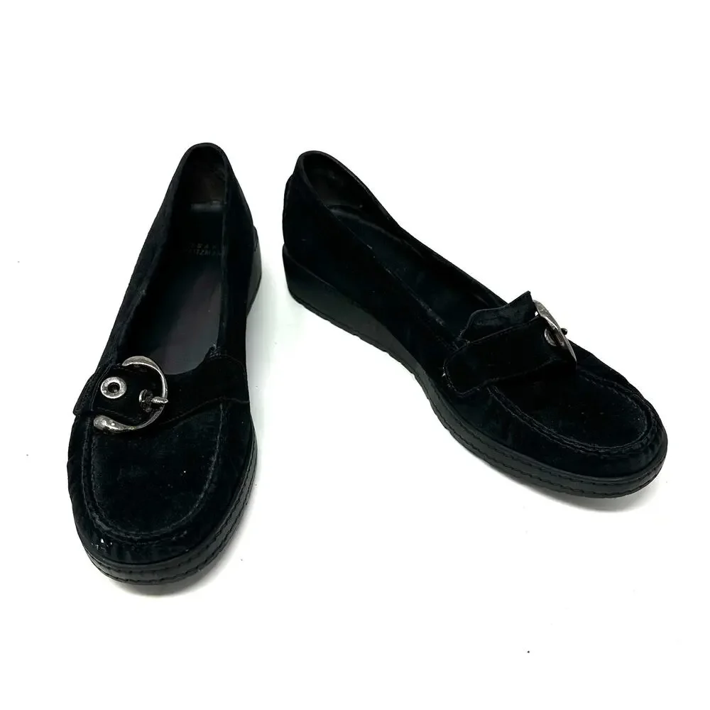 Stuart Weitzman Size 10 Flats Black Suede Loafers Stitched Buckle Slip On Casual